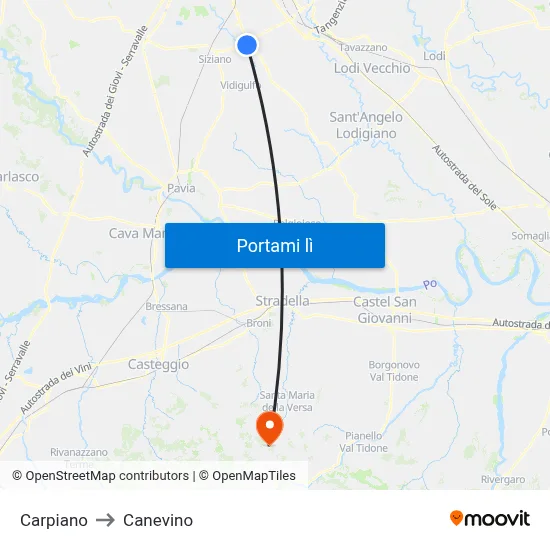 Carpiano to Canevino map