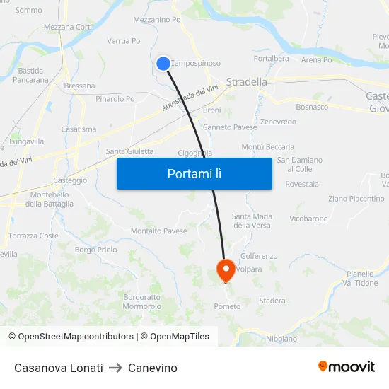 Casanova Lonati to Canevino map