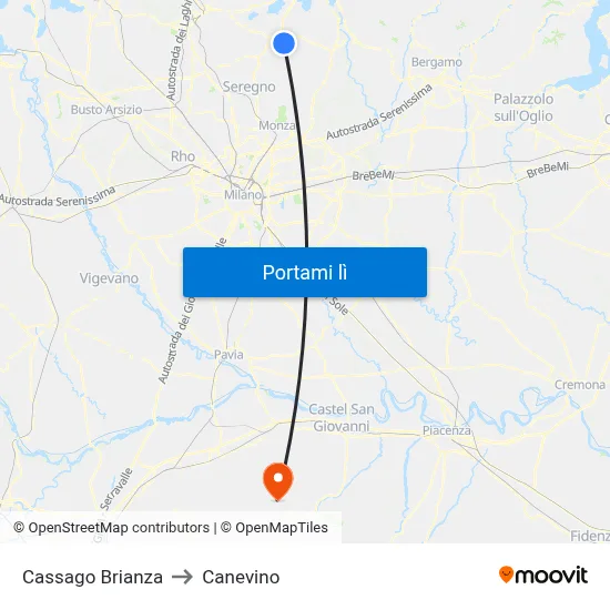 Cassago Brianza to Canevino map