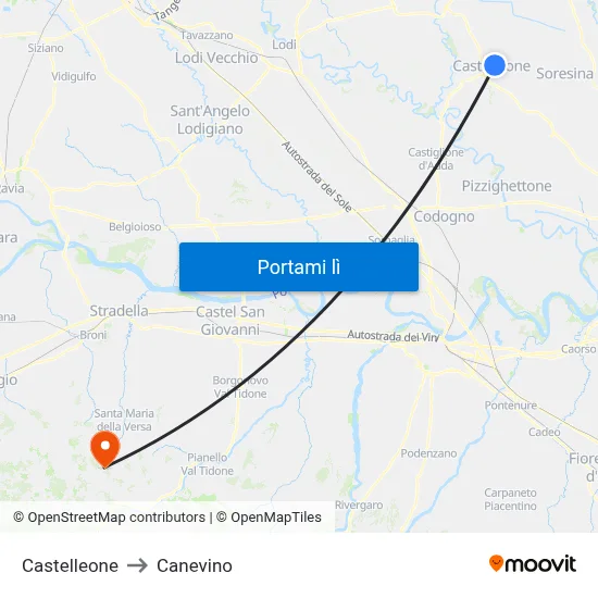 Castelleone to Canevino map