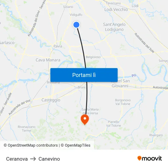Ceranova to Canevino map
