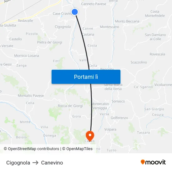 Cigognola to Canevino map
