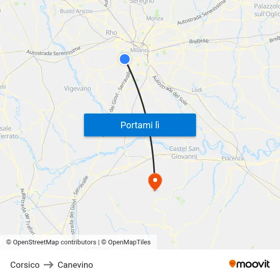 Corsico to Canevino map