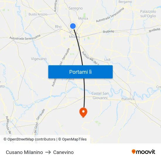 Cusano Milanino to Canevino map