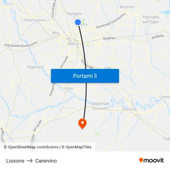 Lissone to Canevino map