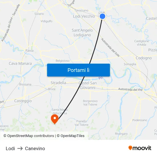 Lodi to Canevino map