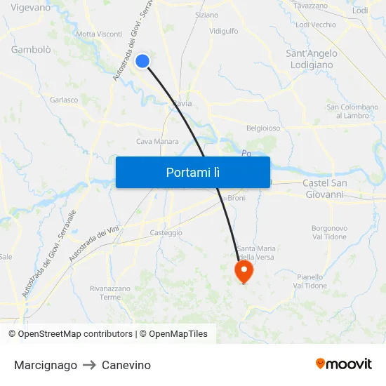 Marcignago to Canevino map