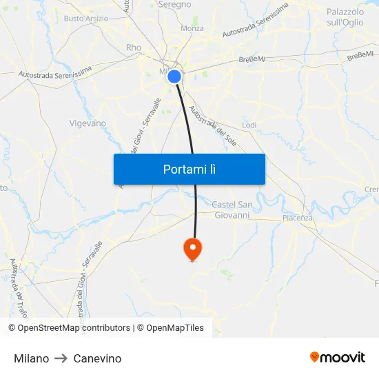 Milano to Canevino map