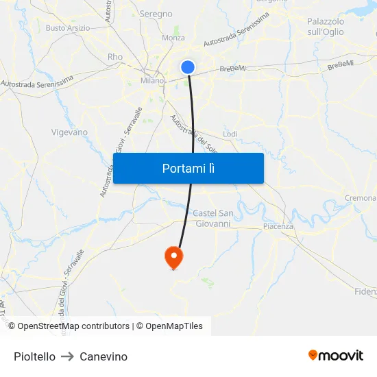 Pioltello to Canevino map