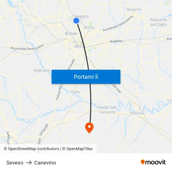 Seveso to Canevino map