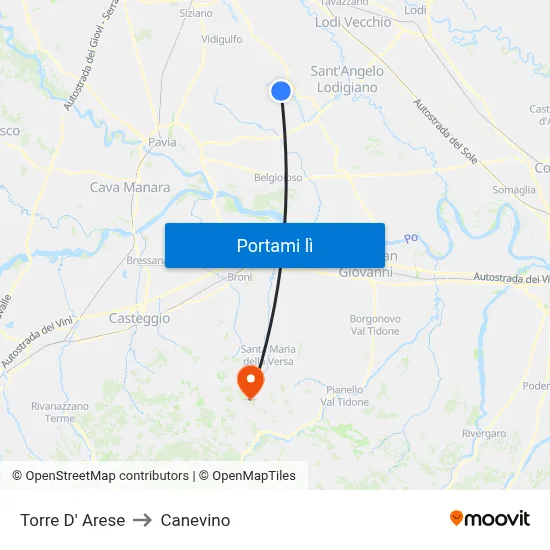 Torre D' Arese to Canevino map
