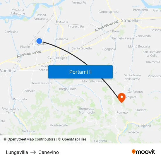 Lungavilla to Canevino map