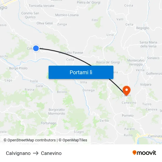 Calvignano to Canevino map