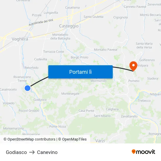 Godiasco to Canevino map