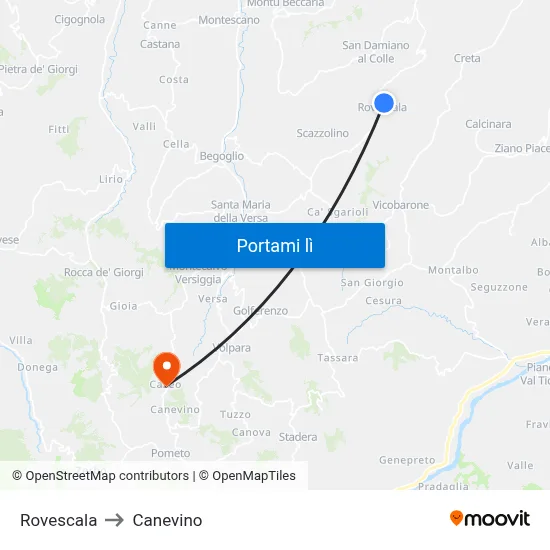 Rovescala to Canevino map