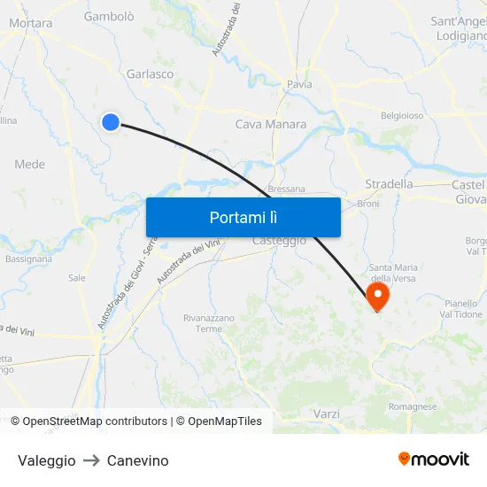 Valeggio to Canevino map