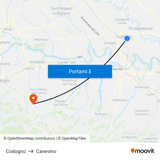Codogno to Canevino map