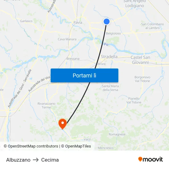 Albuzzano to Cecima map