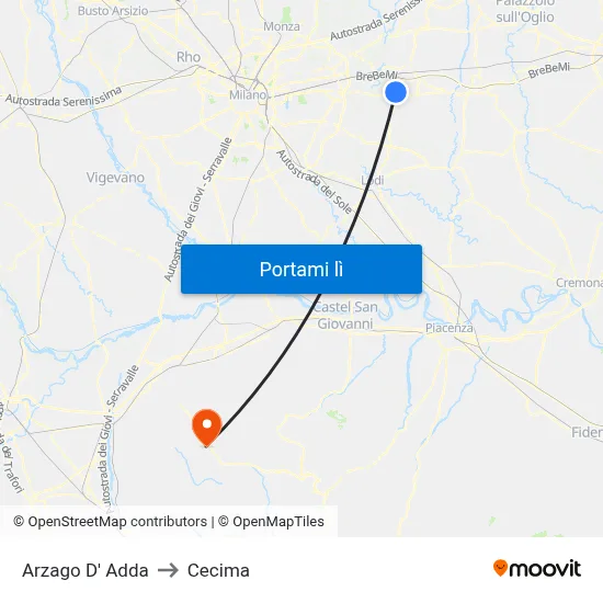 Arzago D' Adda to Cecima map