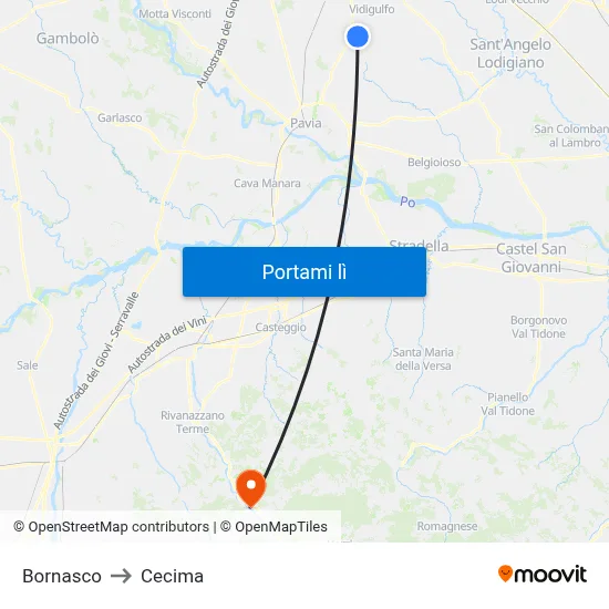 Bornasco to Cecima map