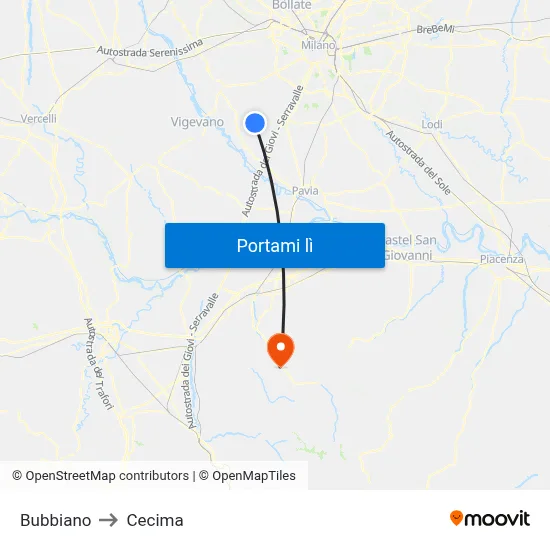 Bubbiano to Cecima map