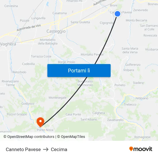Canneto Pavese to Cecima map