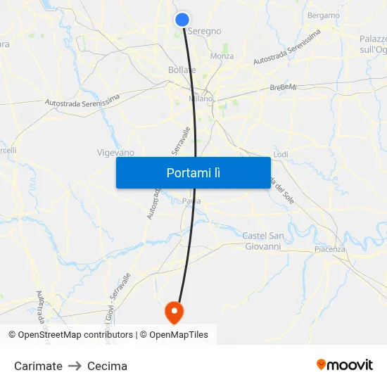 Carimate to Cecima map