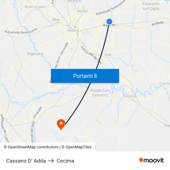 Cassano D' Adda to Cecima map