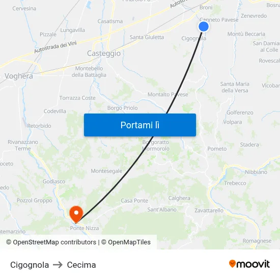 Cigognola to Cecima map