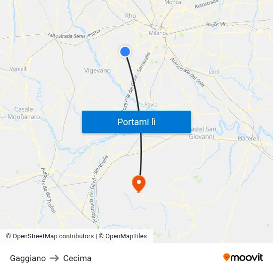 Gaggiano to Cecima map