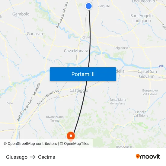 Giussago to Cecima map