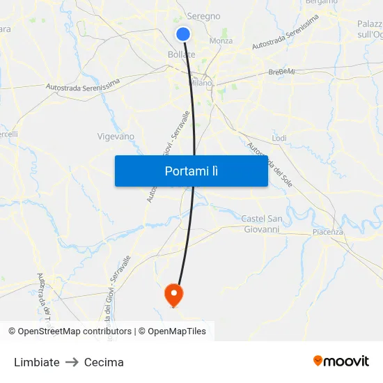 Limbiate to Cecima map