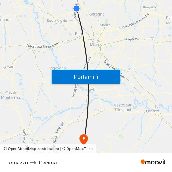 Lomazzo to Cecima map