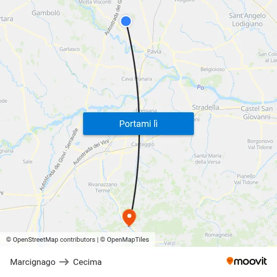 Marcignago to Cecima map