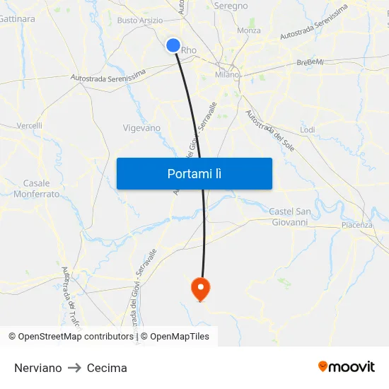 Nerviano to Cecima map
