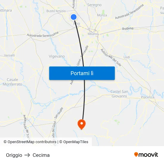 Origgio to Cecima map