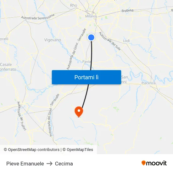 Pieve Emanuele to Cecima map