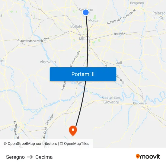 Seregno to Cecima map