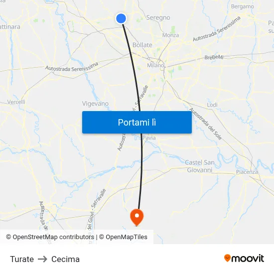 Turate to Cecima map