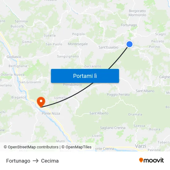 Fortunago to Cecima map