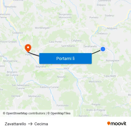Zavattarello to Cecima map