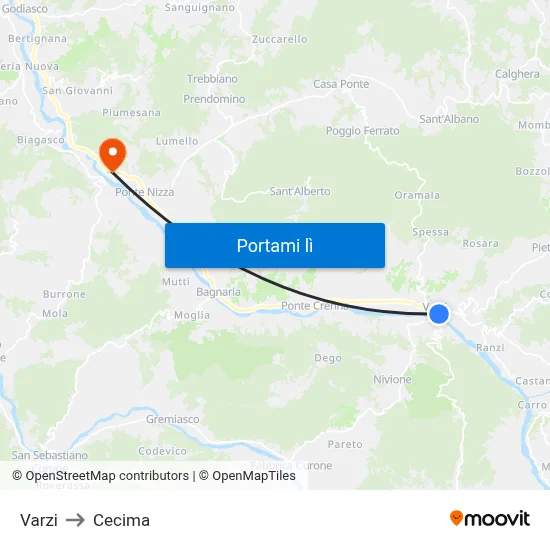 Varzi to Cecima map