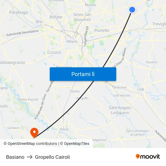 Basiano to Gropello Cairoli map