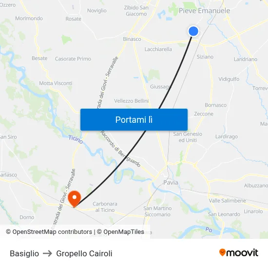 Basiglio to Gropello Cairoli map
