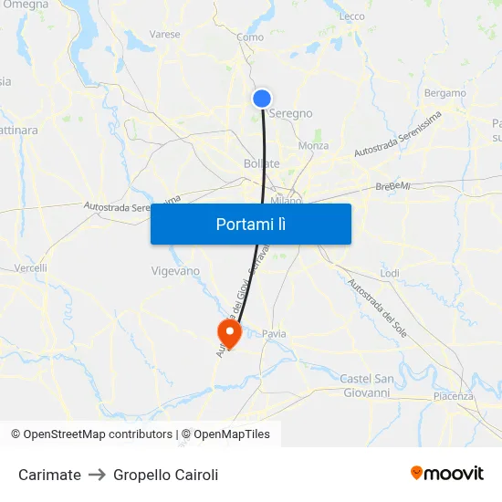 Carimate to Gropello Cairoli map