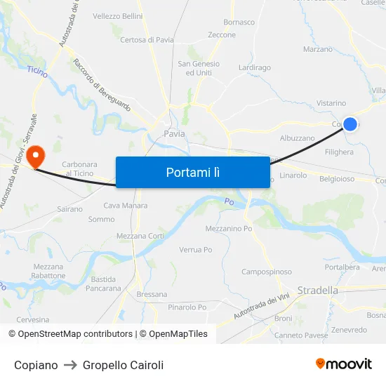 Copiano to Gropello Cairoli map