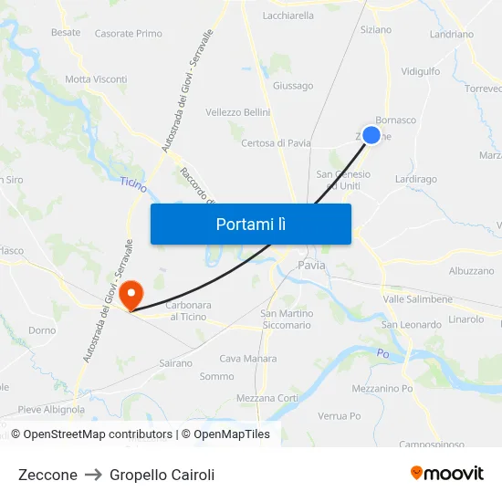 Zeccone to Gropello Cairoli map