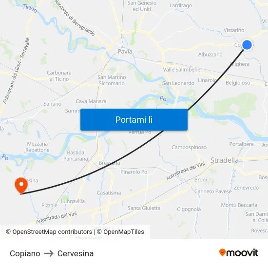 Copiano to Cervesina map