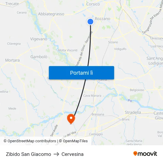 Zibido San Giacomo to Cervesina map