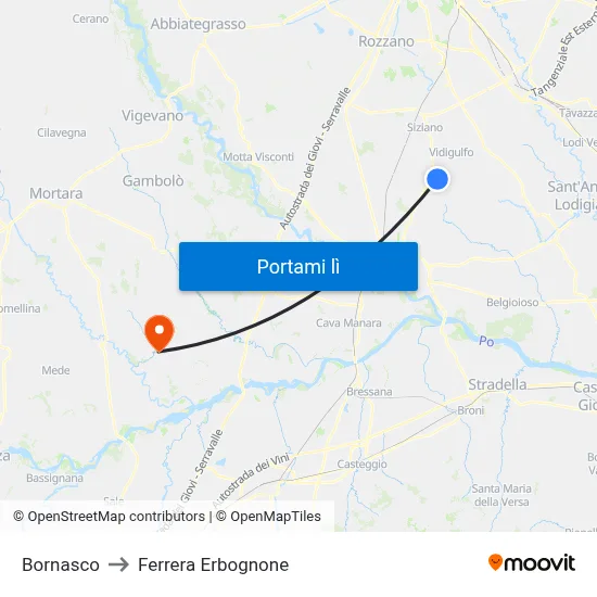 Bornasco to Ferrera Erbognone map